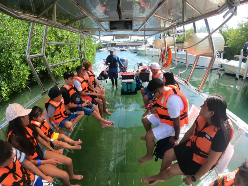  Group of tourists looking through the clear floor of the boat as they explore the canals and mangroves of Cancun on a unique eco tour.