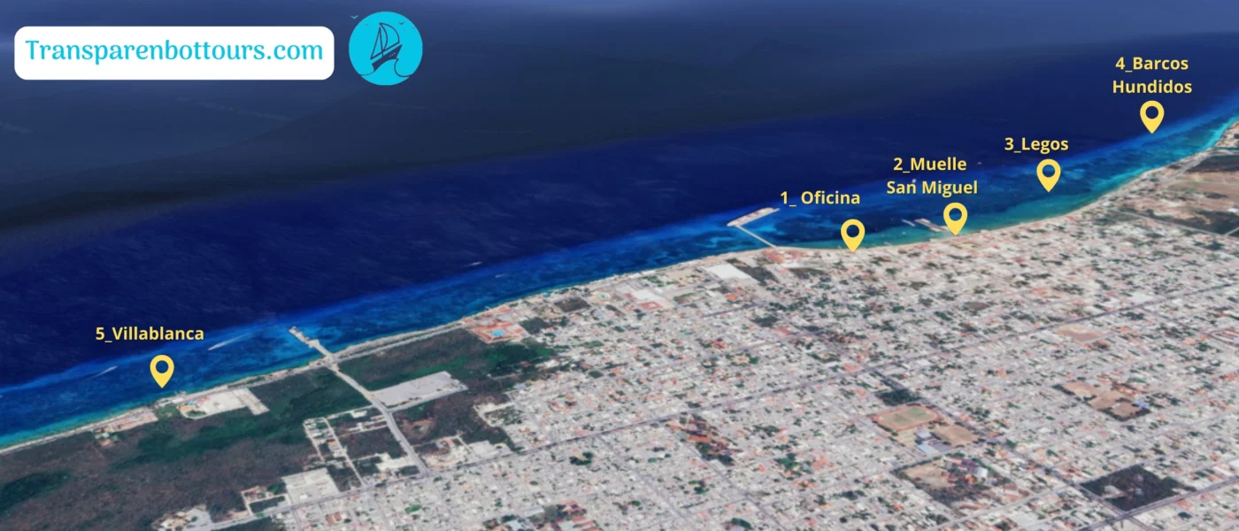 recorrido visual de la lancha transparente en cozumel, la cual consta de salida en oficina hacia el muelle fiscal en la cual el staff les darán la bienvenida e instrucciones a seguir, seguido se visita la zona conocida como legos que fue alguna vez parte del muelle de cruceros y derribado por el huracán Wilma, continuando con los barcos hundidos, para dirigirse al snorkel en villablanca para finalizar de nuevo en la oficina para ver las fotos tomadas durante el tour