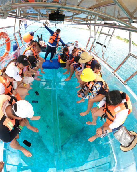 Large group of tourists in orange life jackets sitting around the fully transparent floor of a boat in Cozumel, looking at the reef below.