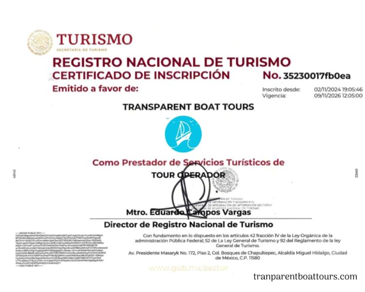 Official Mexico National Tourism Registry certificate issued to Transparent Boat Tours, certified tour operator in Cancun, Cozumel and Isla Mujeres, Registration No. 35230017fb0ea, valid through November 2026