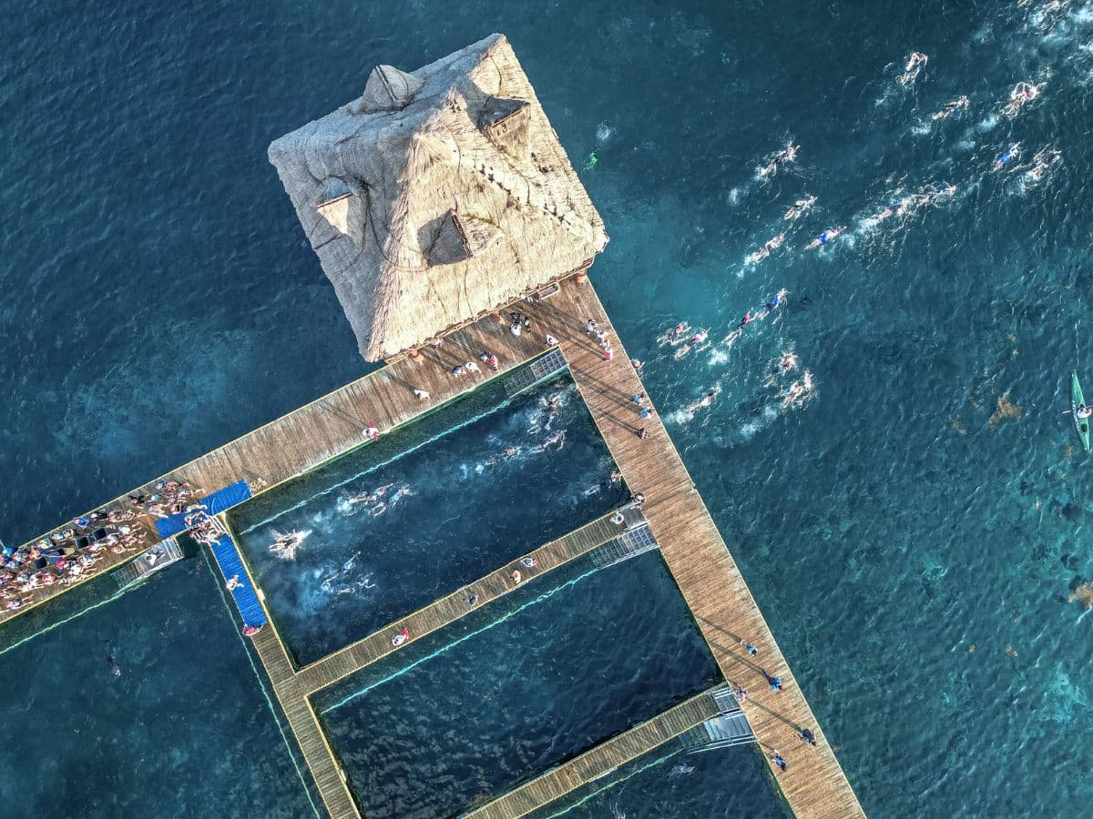 Aerial view of the Caribbean during IRONMAN race week in Cozumel